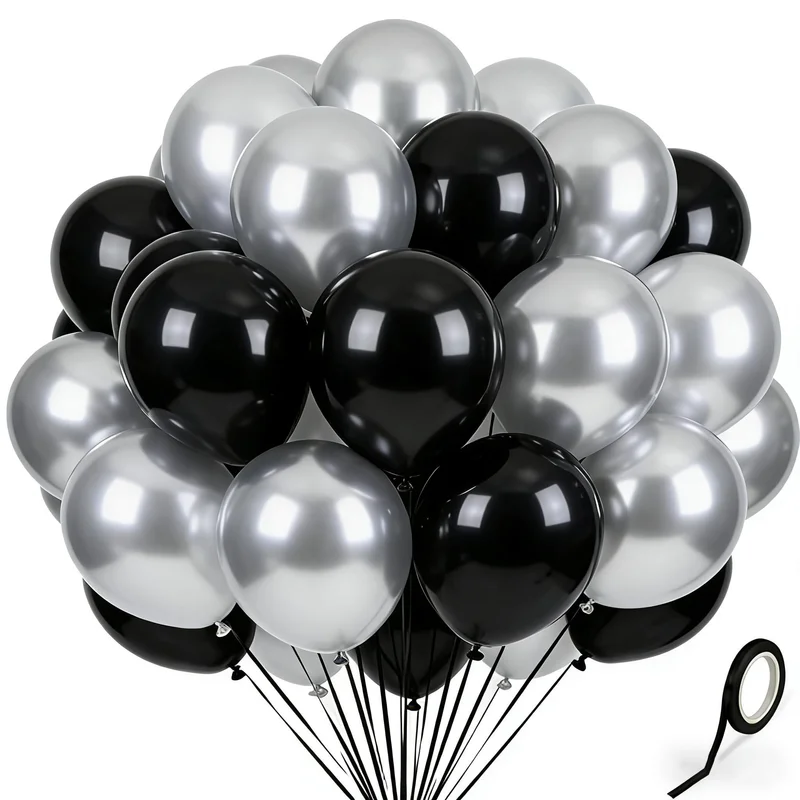 60Pcs 12 Inch Black Silver Latex Balloons Set - Black & Metallic Silver Balloons with Ribbon for Formal Party, Graduation, Corporate Event, New Year Decorations.