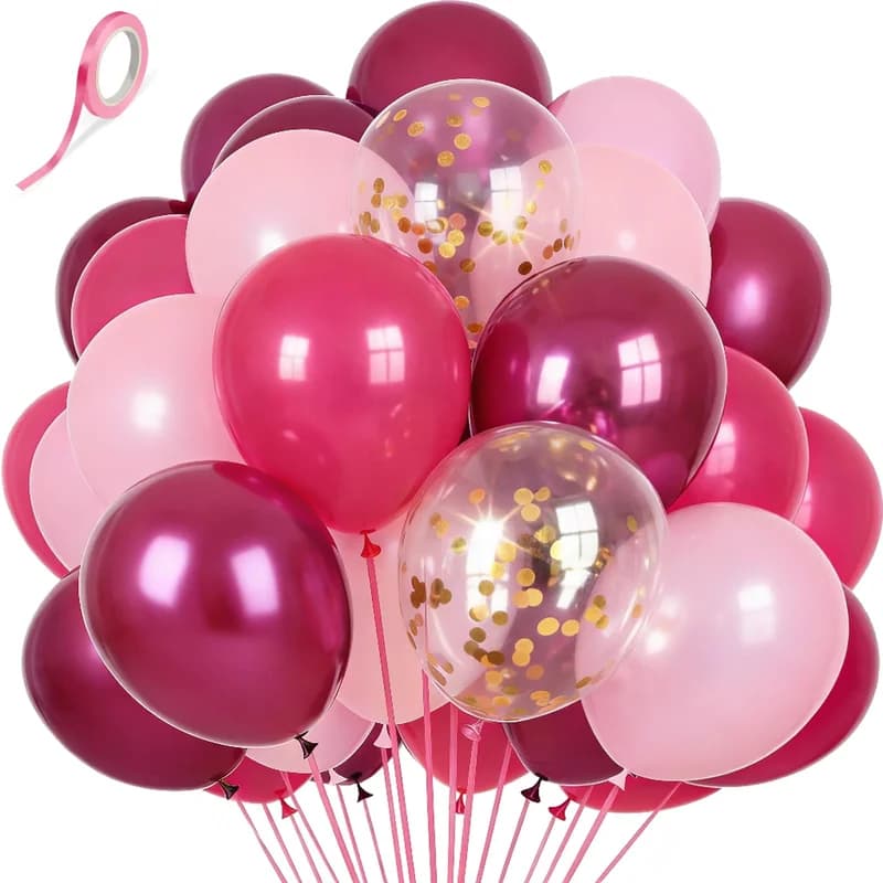 60Pcs 12 Inch Hot Pink Latex Balloons Pink Metallic Fuchsia Confetti Party Balloons with Ribbon for Birthday, Wedding, Graduation Anniversary Party Decorations.