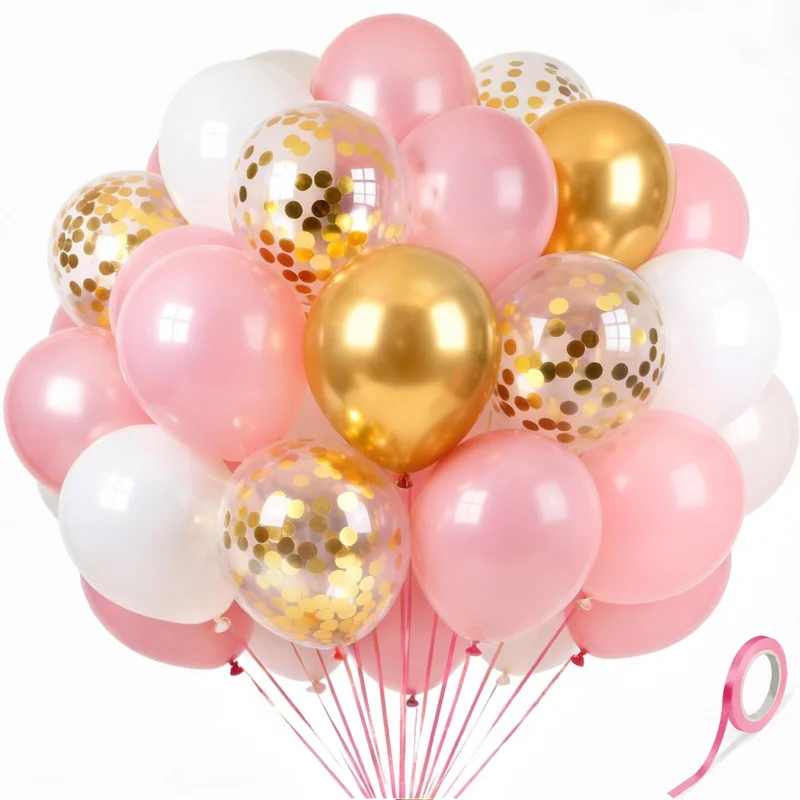 60Pcs 12 Inch Pink Gold Latex Balloons Kit - Pink, White, Metallic Gold Confetti Party Balloons with Ribbon for Tea Party, Anniversary Brunch, Baby Shower Decorations.