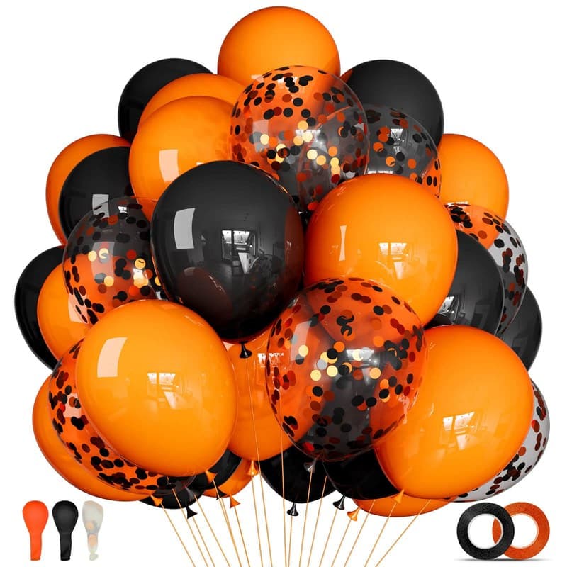 68Pcs Black and Orange Balloons, 12 inch Orange Black Latex Balloon Set with Confetti Ribbons Reusable, Fade-Resistant for Halloween, Graduation Spooky Party Decorations.
