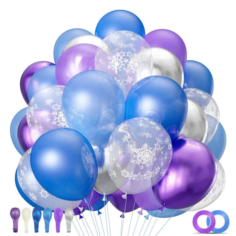 68Pcs Purple and Blue Party Balloons Kit 12 Inch Pearl Light Blue Metallic Purple Silver Snowflake Balloons with Ribbons for Winter Theme Birthday Wedding Girls Party Decorations.