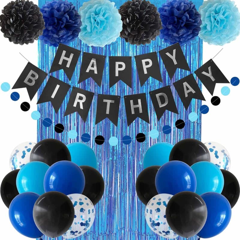 ANSOMO Blue and Black Happy Birthday Party Decorations for Boys Men Banner Balloons Navy Royal Light Blue Pom Poms Foil Curtain DƩcor Supplies 13th 16th 18th 20th 30th 40th 50th 60th 70th 80th