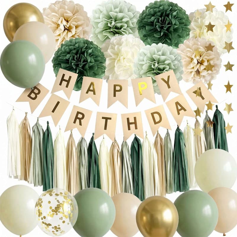 ANSOMO Sage Green Happy Birthday Party Decorations Retro Green Nude Ivory Dark Olive Kraft Paper Banner Balloons Neutral Rustic Boho Blush Safari Botanical Greenery Wild DĂŠcor Supplies Women Adults