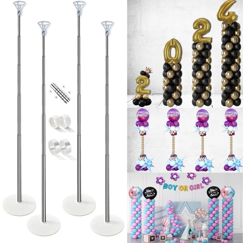 Balloon Column Stand Kit Set of 4, 7ft Height Adjustable Balloon Arch Kit with 2 Ballon Garland Strip, Metal Telescopic Pillar Balloon Stand, Birthday Party, Graduation, Halloween Decorations