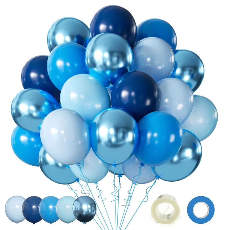 Blue Balloons Metallic Blue Balloon, 60Pcs 12Inch Chrome Blue Balloons Kit Macaron Light Pearl Navy Blue Latex Balloons for Birthday Wedding Party Decoration