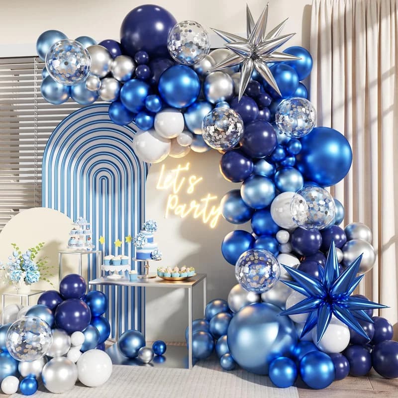 Blue White Silver Balloon Garland Arch Kit, 140Pcs Navy Light Metallic Blue Silver White Confetti Balloons With Stars for Birthday Wedding Birdal Shower Graduation Fathers Day Party Decorations