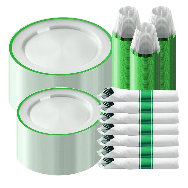 Goodluck 350Pcs Green Plastic Dinnerware Set for St. Patrick's Day, Clear Disposable Plates for 50 Guests, Include 50 Dinner Plates, 50 Dessert Plates, 50 Pre Rolled Napkins with Cutlery Set, 50 Cups