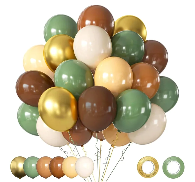 Green and Brown Balloons Set, 60 Pcs 12 Inch green brown balloons Jungle Safari Woodland Forest Balloon Metallic Gold Cream Brown Olive Green Coffee Blush Balloon for Baby Shower Birthday Decorations