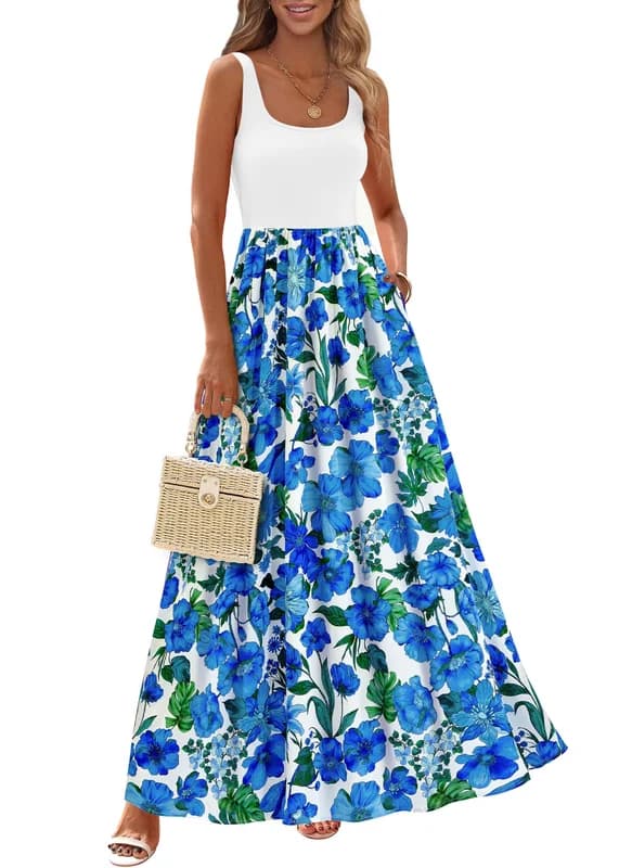 KIRUNDO Women Summer Sleeveless Boho Floral Maxi Dress 2026 Scoop Neck Tank A Line Flowy Beach Vacation Resort Wear Sundress