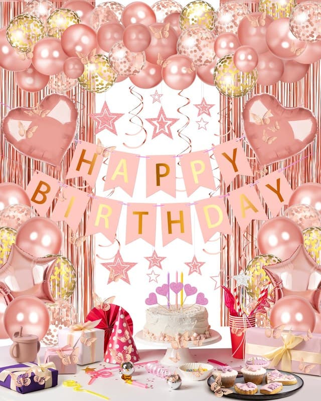 Lutoys Rose Gold Happy Birthday Party Decorations, Happy Birthday Banner, Rose Gold Foil Heart Star Confetti Balloons Curtain Backdrop Hanging Swirls Party Decor for Girls Women Princess