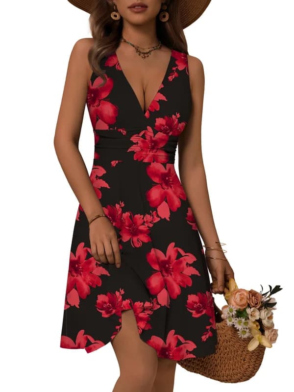 OURIN Women's Spring Deep V Neck Sleeveless Floral Sundresses with Pockets Flowy Summer Dresses for Women