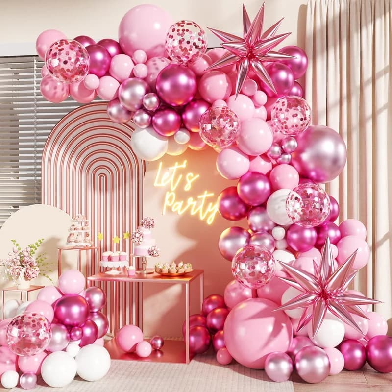 Pink Balloon Garland Arch Kit, 140Pcs Hot Light Metallic Pastel Pink White Confetti Balloons With Stars for Birthday Valentines Day Birdal Shower Wedding Gender Reveal Graduation Party Decorations