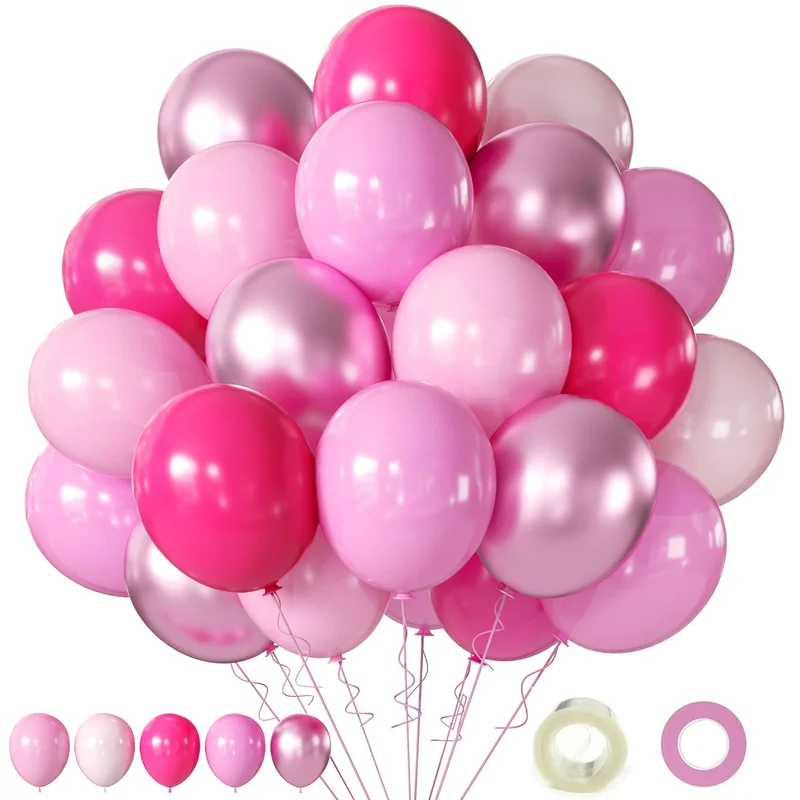 Pink Balloons Metallic Pink Balloon, 60Pcs 12Inch Chrome Deep Light Pearl Hot Pink Latex Balloons for Birthday,Wedding,Baby Shower,Galentines day Decorations
