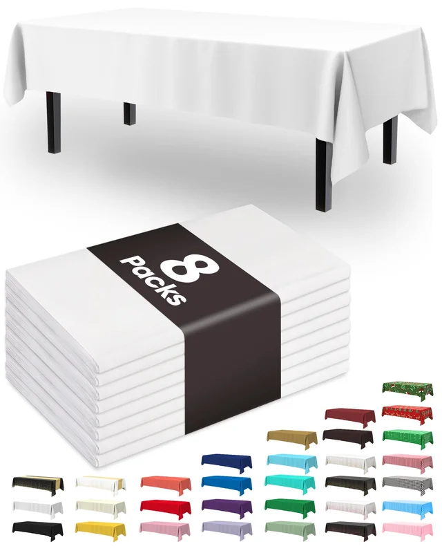 Pureegg Plastic Table Cloth Disposable 8 Pack, 54 x 108 Inch Table Cloths, Party, Picnic, Wedding, Decorative Tablecloths, Rectangle, White Plastic Cover, Leakproof & Sturdy, White