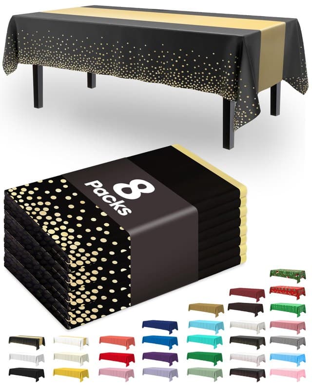 Pureegg Plastic Table Cloth Disposable 8 Pack, 54 x 108 Inch, Table Runner Style, Graduation Decorations 2026, Party Tablecloths, Rectangle, Plastic Cover, Leakproof & Sturdy, Black Gold
