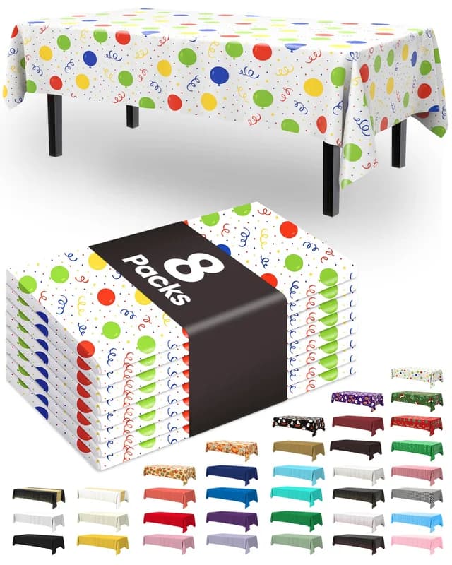 Pureegg Plastic Table Cloth Disposable 8 Pack, 54 x 108 Inch TableCloths, Picnic, Happy Birthday Decorations for Girls Boys, Baby Shower Party, Rectangle, Plastic Cover, Leakproof & Sturdy, Birthday