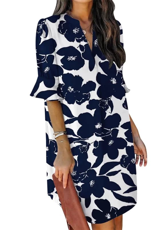 QACOHU Summer Dresses for Women V Neck Ruffle Short Sleeve Casual Shift Dress