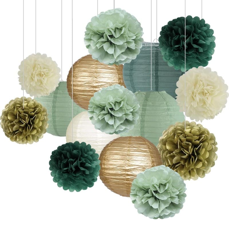 Sage Green Party Decorations, Paper Lanterns and Pom Poms Flowers for Birthday Party Baby Shower Wedding Shower Decor Gold/Ivory/Sage Green 15pcs