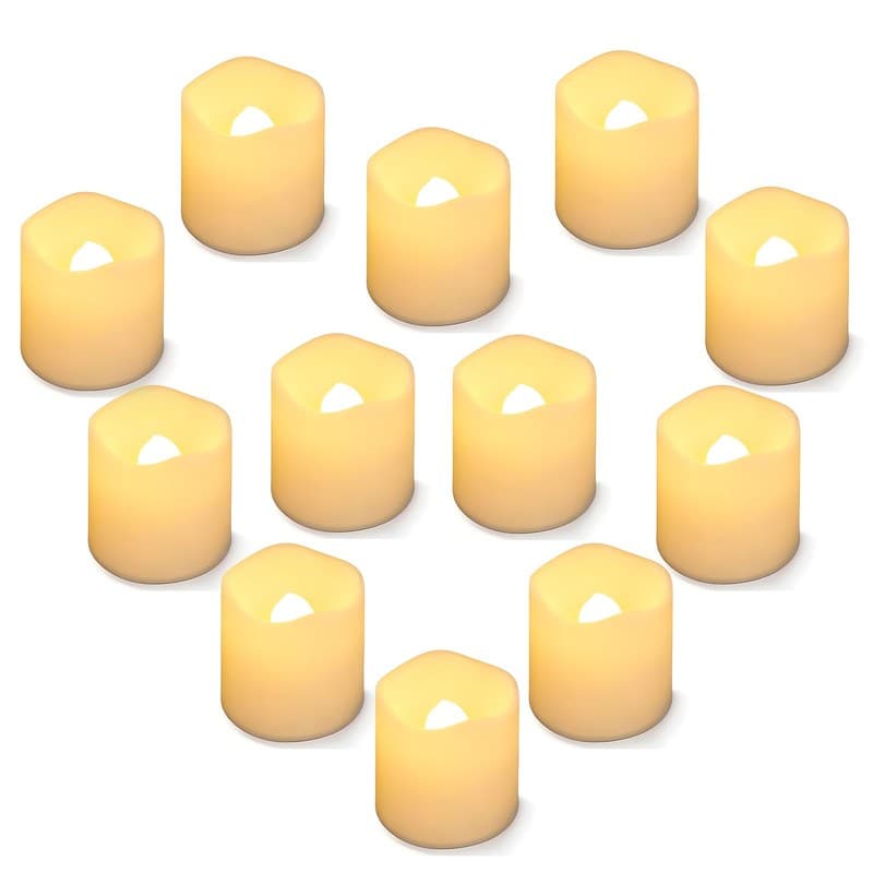 SHYMERY Flameless Votive Candles,Lasts 2X Longer,Battery Operated LED Tea Lights with Warm White Flickering Light,Small Electric Fake Tea Candle Realistic for Wedding,Table,Outdoor,Pack of 12