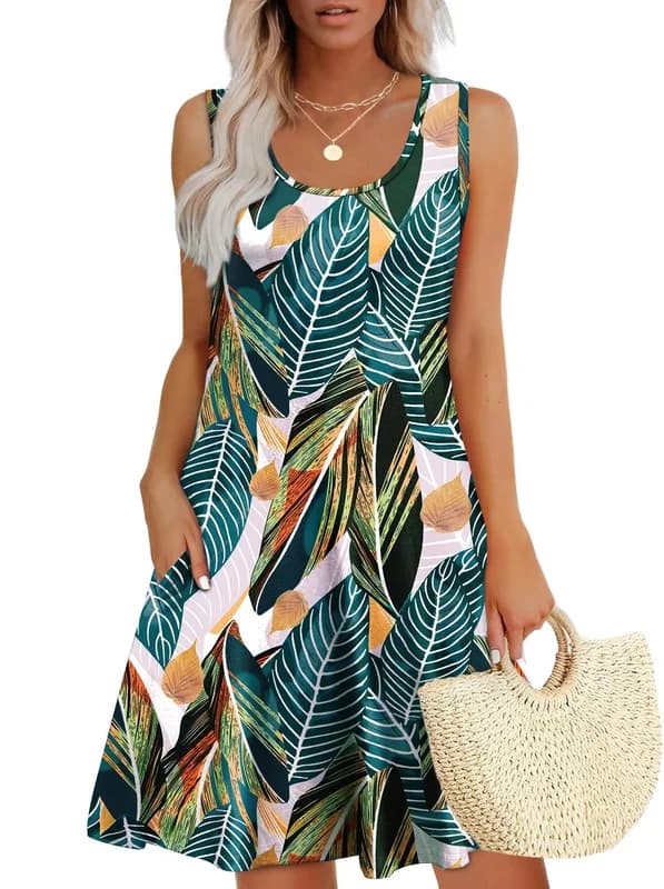 WEESO Womens Summer Dresses Loose U Neck Sleeveless Sundresses Dress with Pockets