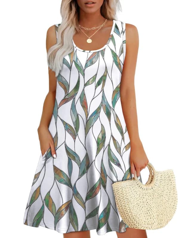 WEESO Womens Summer Dresses Loose U Neck Sleeveless Sundresses Dress with Pockets