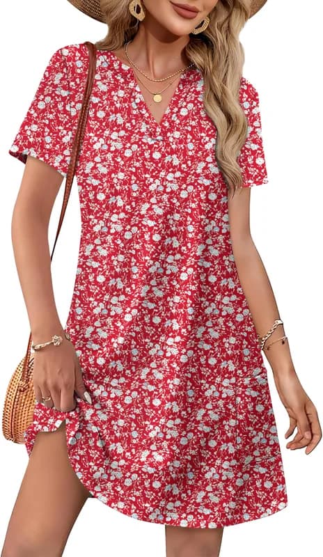 WIHOLL Summer Dresses for Women Casual V Neck Wedding Guest Dress Hawaiian Midi Dress Fashion Beach Vacation Clothes